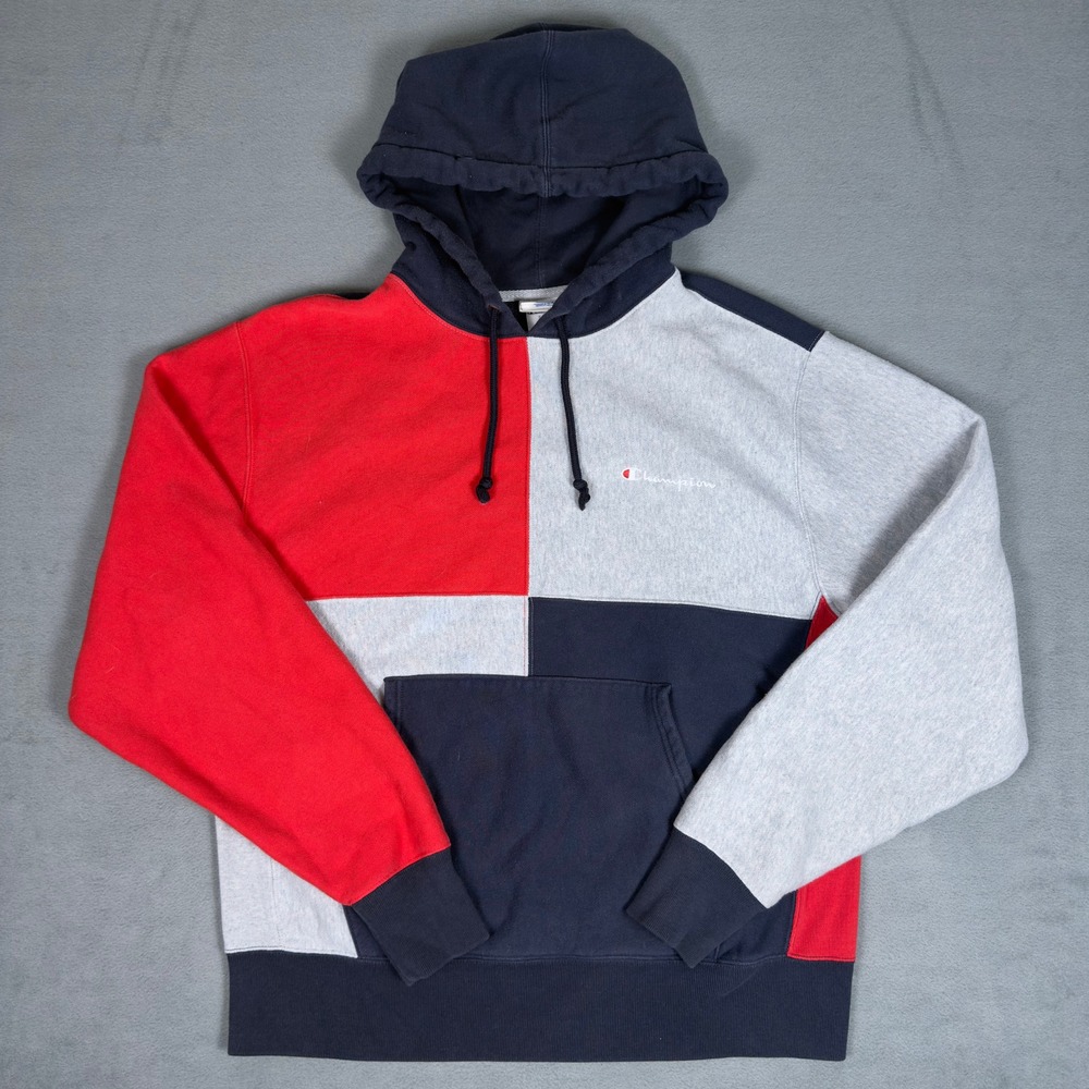 Champion Reverse Weave Colorblock Hoodie Navy Red Grey Pullover Mens L
